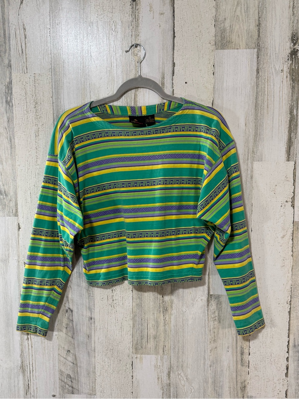 Vintage Liz Claiborne Green Striped Cropped Long-Sleeve Top
